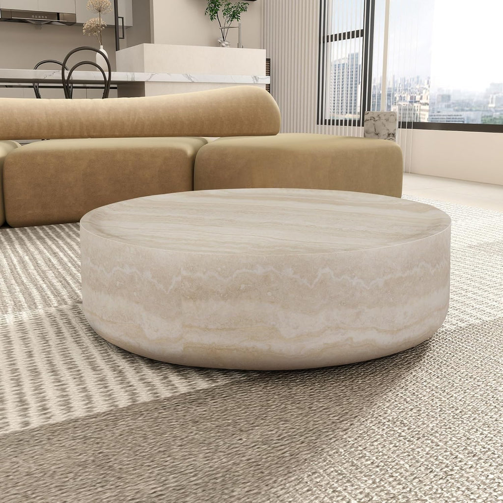 Round Coffee Table 39.37'' Marble Pattern Drum Shaped Coffee Table Fiberglass Cocktail Table Center Table for Living Room ome Office, Fully Assembled, White