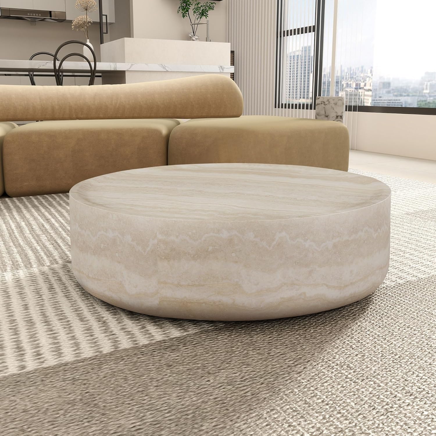 Round Coffee Table 39.37'' Marble Pattern Drum Shaped Coffee Table Fiberglass Cocktail Table Center Table for Living Room ome Office, Fully Assembled, White