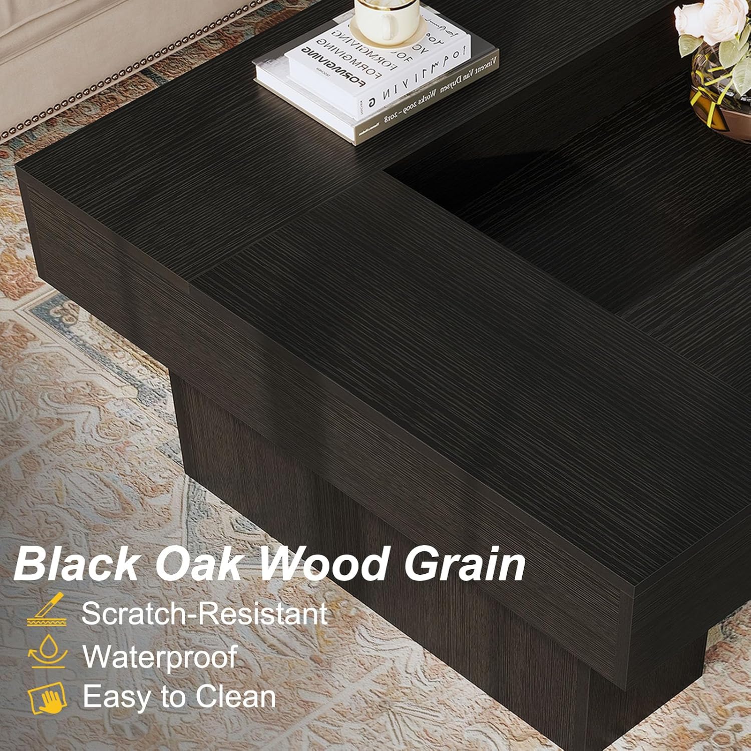 LVB Black Coffee Table, Modern Wood Led Living Room Table with Storage, Unique Large Wide Rectangle Center Table with LED Light, Contemporary low Tea Table for Bedroom Home Office, 47.24 In, Black Oak