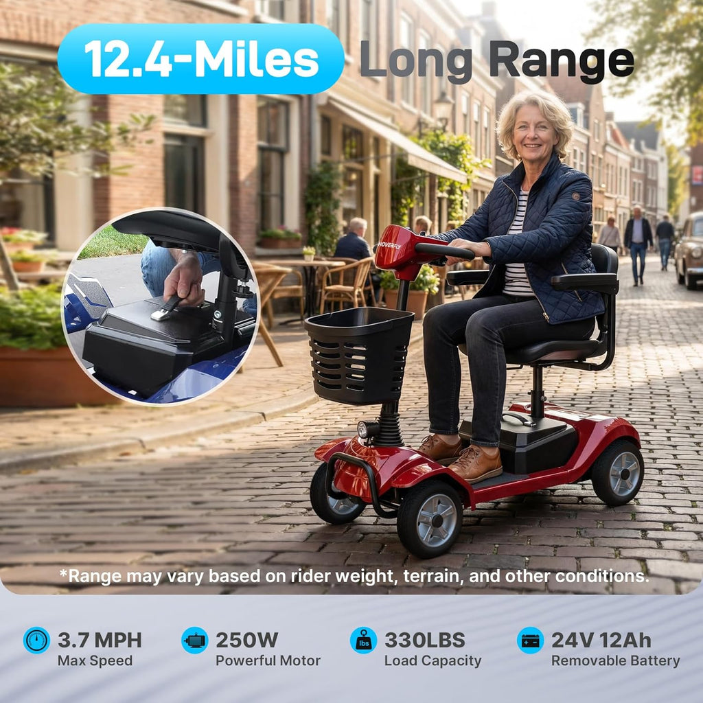 Hoverfly T4 Mobility Scooter for Seniors, Max 12.4-Mile Range & 3.7 mph, 3-Position Seat & Anti-slip Rear Wheel, Removed Battery&Quick Fold Design, Solid 9' Tire &330 lb Capacity, Ease of Assembly Red