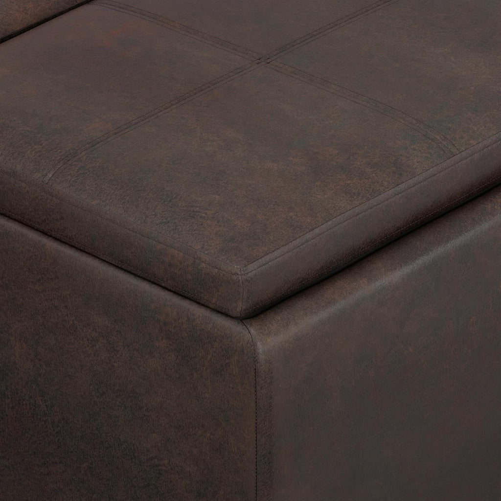 SIMPLIHOME Avalon Storage Ottoman - 42 inch Wide Upholstered Vegan Leather Rectangular Flip-Top Ottoman in Distressed Brown, Contemporary Coffee Table Ottoman for Living Room with Hidden Storage
