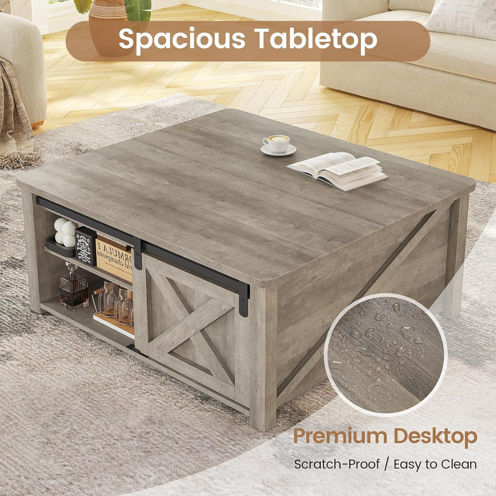 SEDETA 31.5' Lift Top Coffee Table with Storage, Square Coffee Tables for Living Room, Farmhouse Coffee Table with Large Hidden Storage Compartment and Adjustable Shelves, Grey