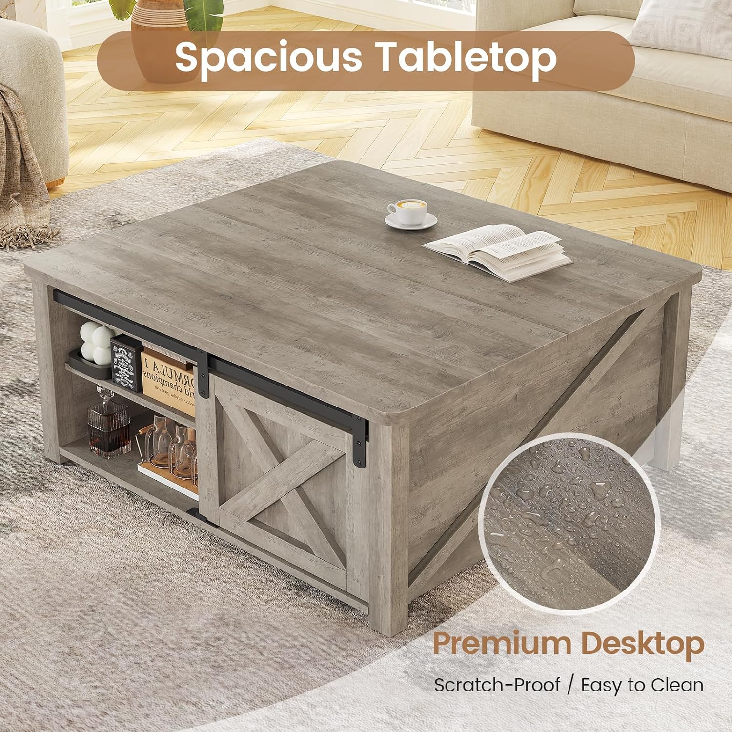 SEDETA 31.5' Lift Top Coffee Table with Storage, Square Coffee Tables for Living Room, Farmhouse Coffee Table with Large Hidden Storage Compartment and Adjustable Shelves, Grey