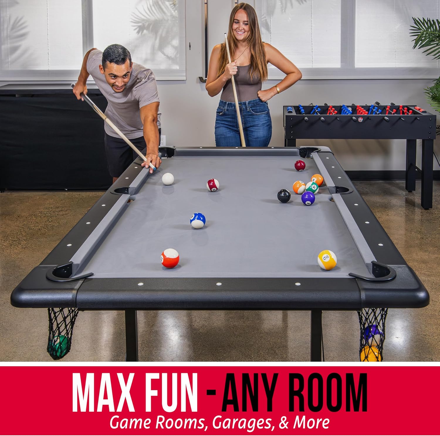 GoSports 6 ft Foldable Pool Tables - Portable Billiards Tables with Accessories - Black with Gray Felt or Oak with Black Felt