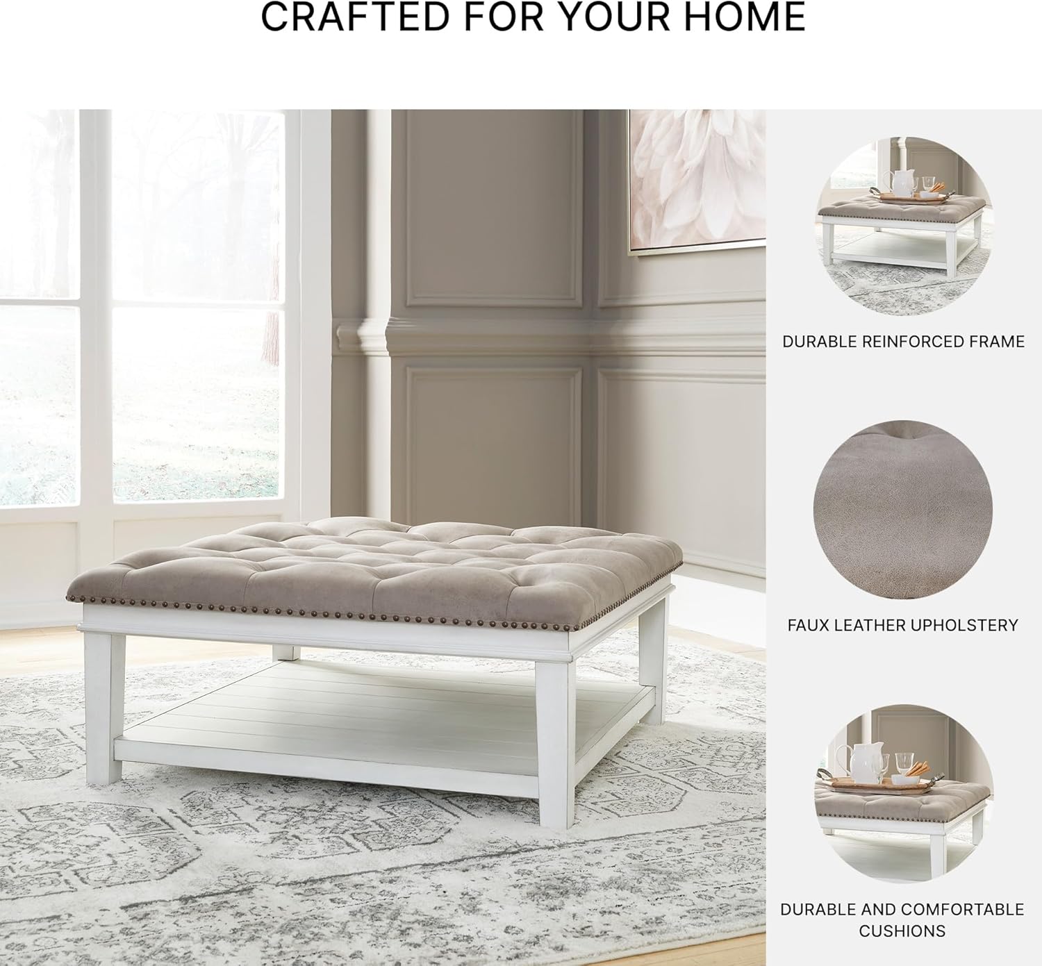 Signature Design by Ashley Kanwyn French Country Upholstered Square Ottoman Coffee Table, Whitewash