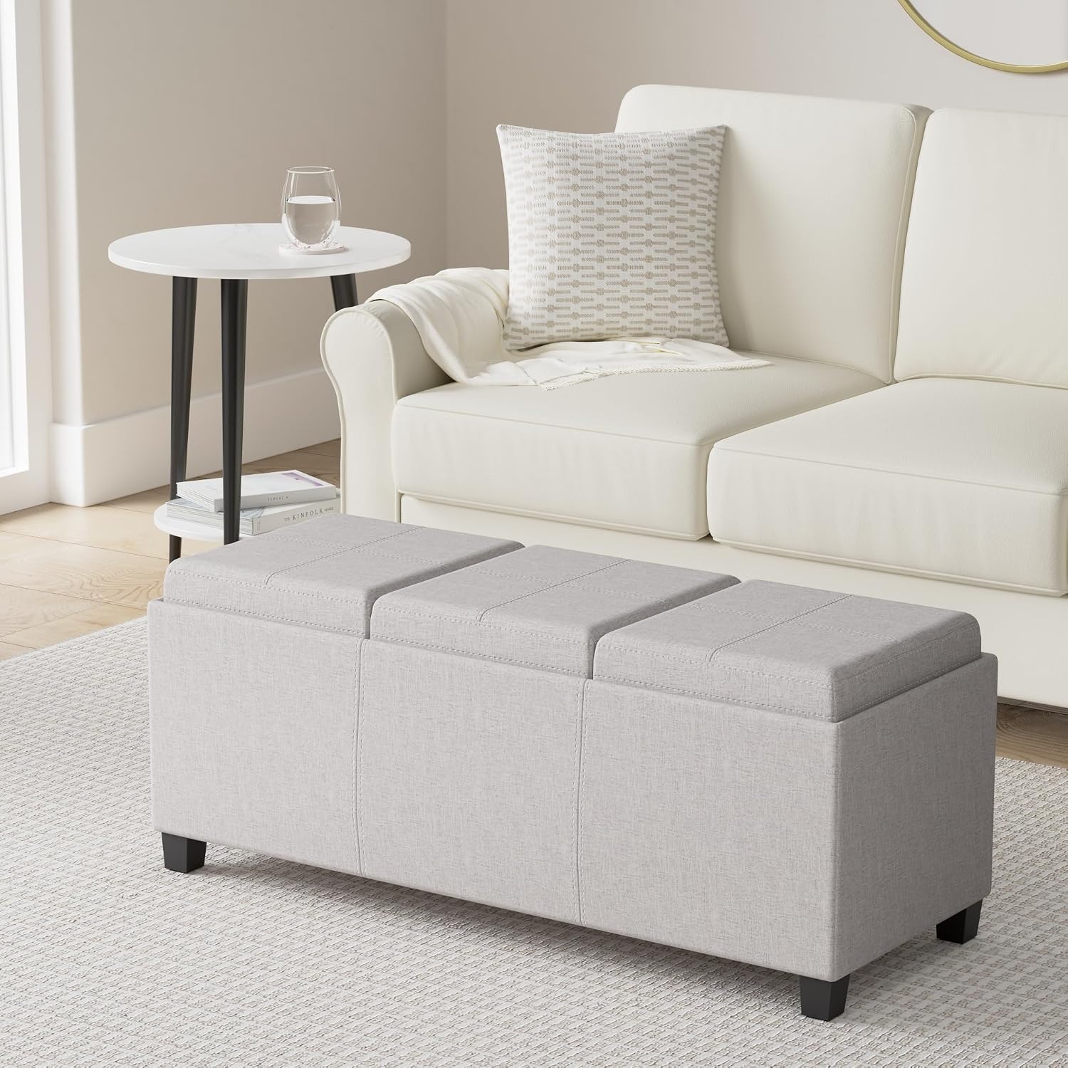 SIMPLIHOME Avalon Storage Ottoman - 42 inch Wide Upholstered Linen Look Fabric Rectangular Flip-Top Ottoman in Cloud Grey, Contemporary Coffee Table Ottoman for Living Room with Hidden Storage