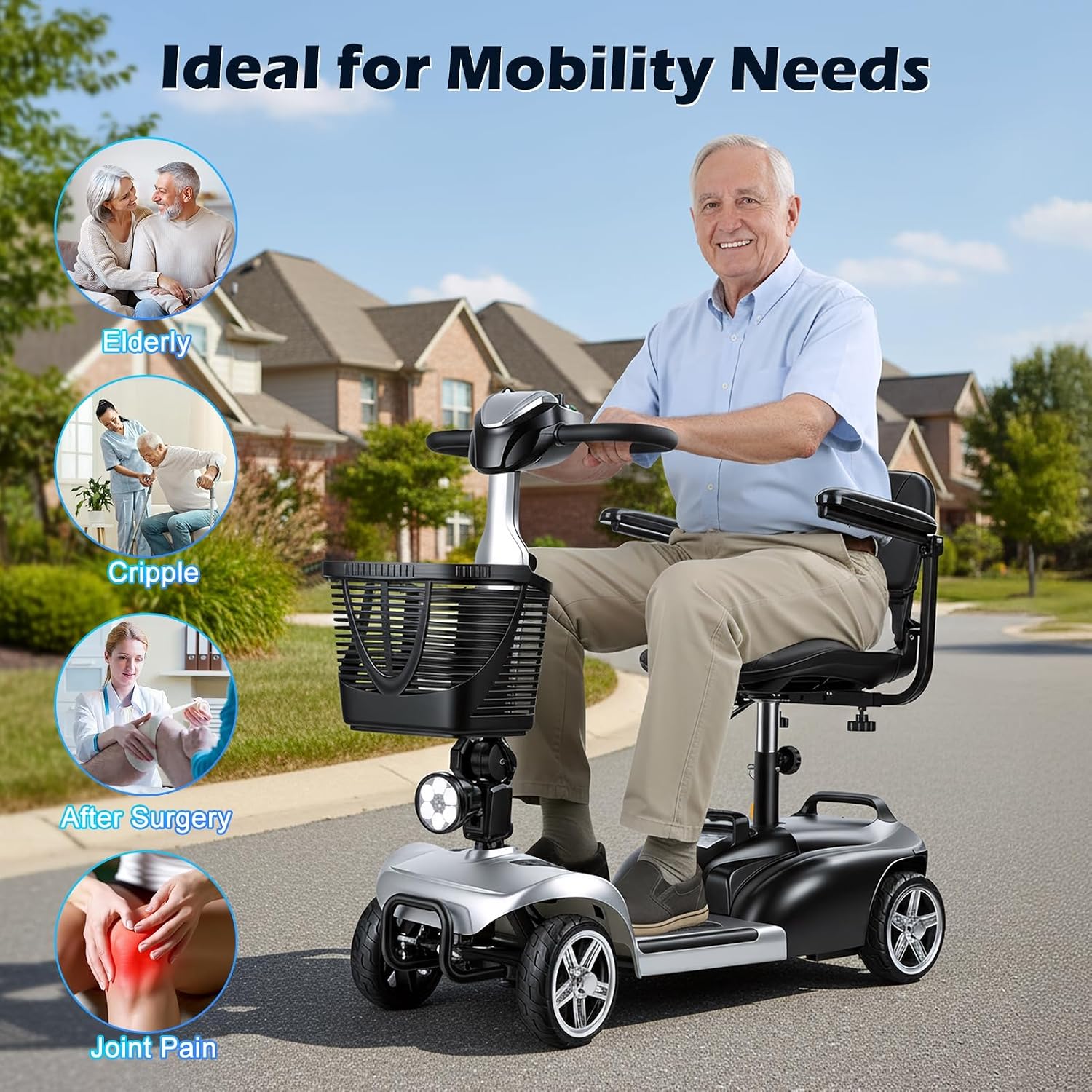 4 Wheel Mobility Scooter for Adults & Seniors, Lightweight Foldable Electric Powered Wheelc 5 MPH & 7.5 Miles Range, 265lbs Capacity, Portable Travel Scooter with Basket & LED Light US
