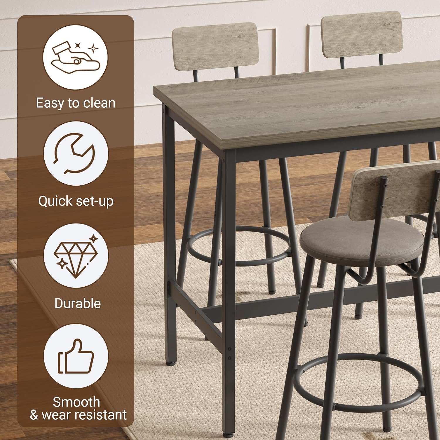 Elevon 47 in Long Bar Table Set with 4 PU Leather Bar Stools, Dining Table and Chair Sets, Industrial Tall Coffee Table and Back Chair for Kitchen, Living Room, Party Room, Pub, Rustic Gray