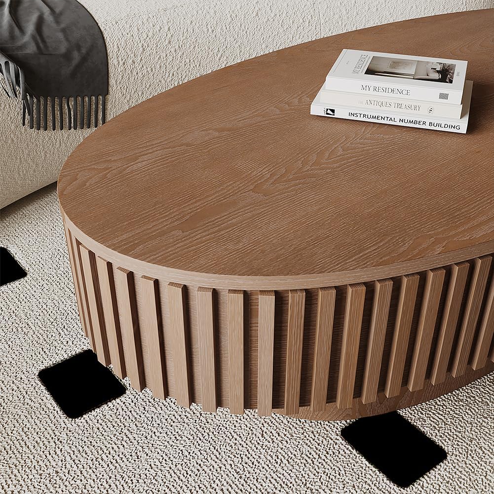 47.2'' Oval Coffee Table with Storage for Living Room Wood Fluted Coffee Table Mid Century Modern Coffee Tables with Lid Pedestal Center Tables for Apartment Walnut