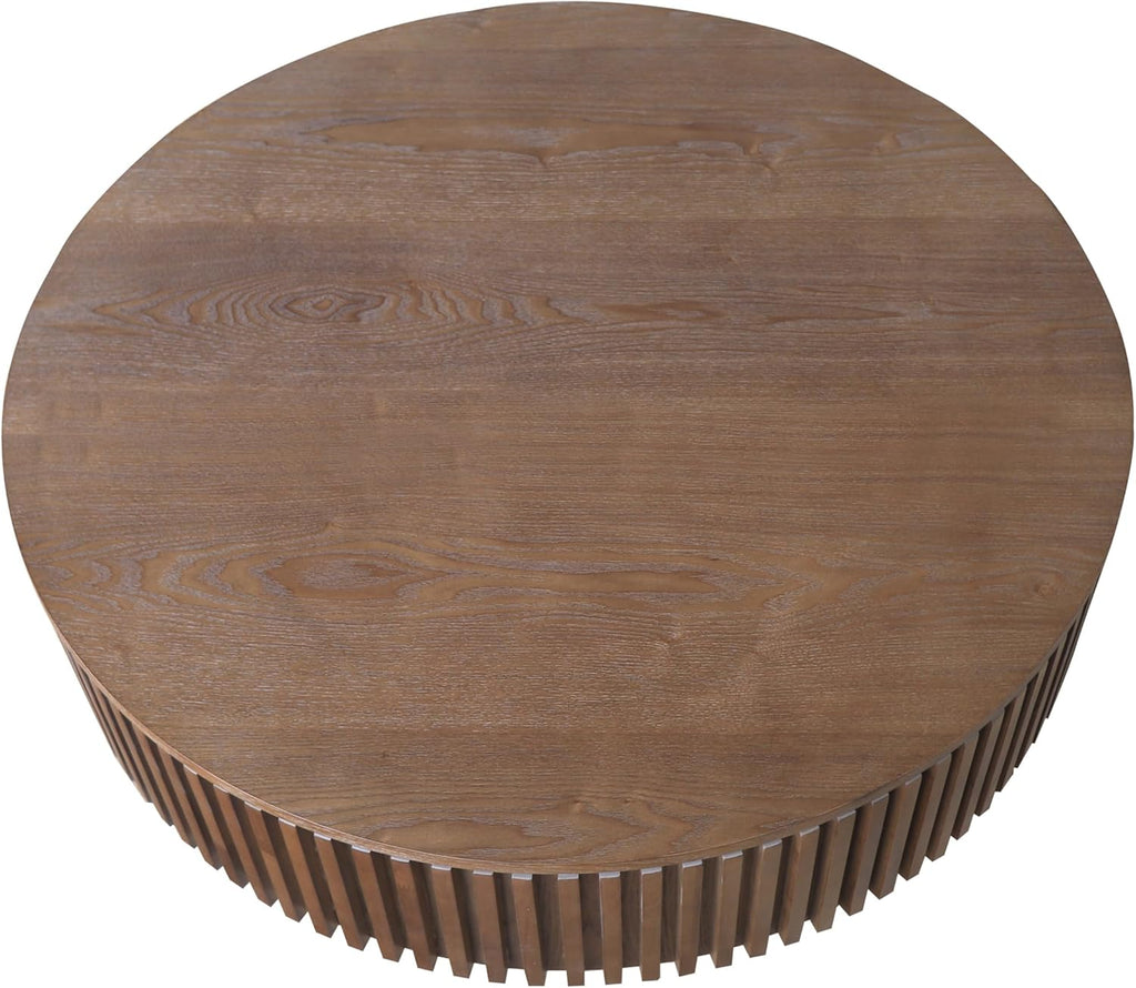 39.37'' Walnut Round Coffee Table Modern Wood Circle Fluted Drum Pedestal Coffee Table with Storage Space for Living Room, Easy Assembly, Walnut