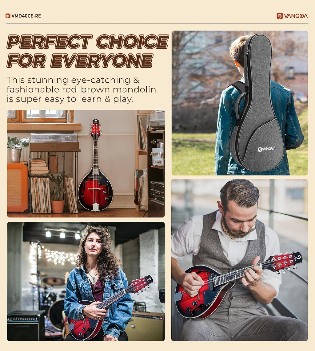 Vangoa Mandolin Musical Instrument A Style Acoustic Electric, 8 Strings Mahogany for Beginner Adults Teens, Red Burst