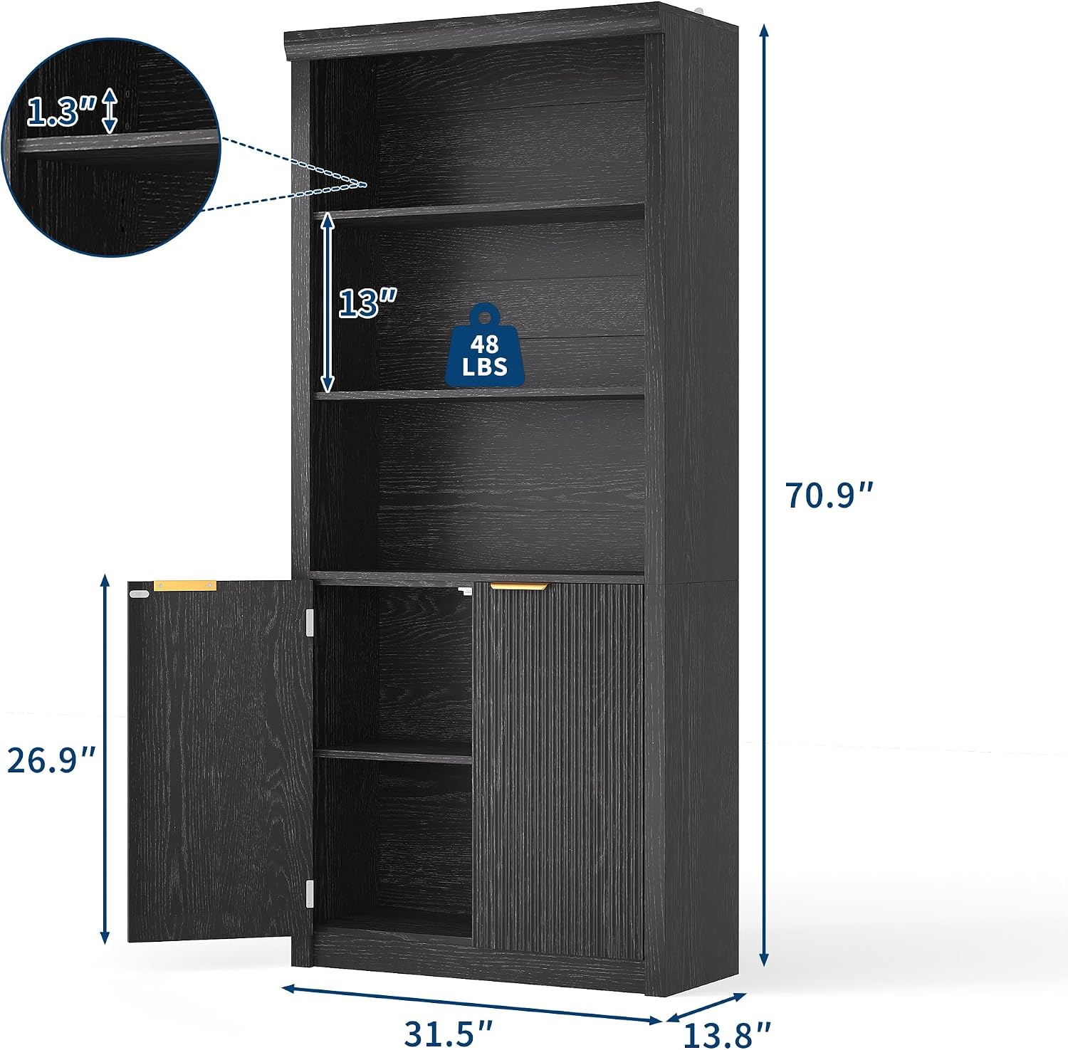 Tall Book Shelf and Bookcase, 31.5'Wide wooden Bookcase with Doors, Farmhouse Book Case with Large Storage, 5-Shelf Bookcases with Adjustable top Shelve for Home Office, Living Room, Black