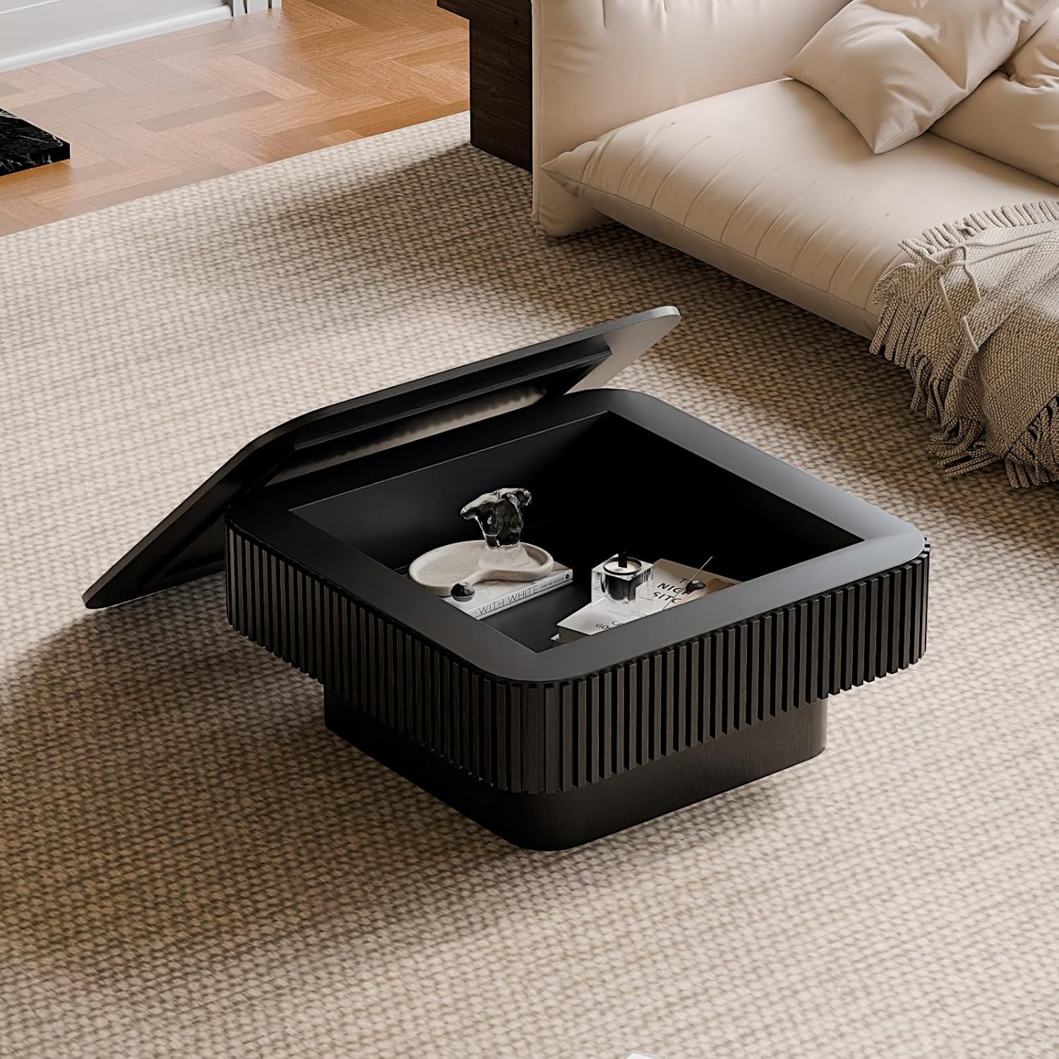 Square Coffee Table for Living Room,Fluted Drum Accent Tea Center Table with Storage,Solid Wood Modern Coffee Tables for Small Space Office Apartment (31.5' L×31.5''W×14''H-Black)