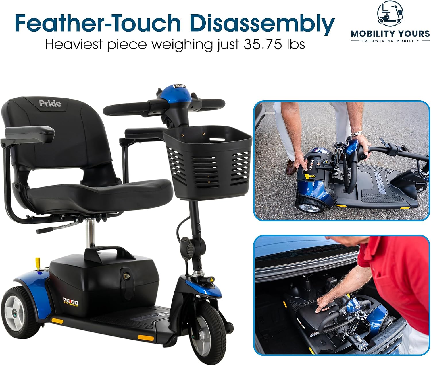 Go Go Sport 3 Wheel + Accessories Compatible with Pride Mobility Go Go Scooters, Adults & Elderly, Enhanced Stability and Comfort, Compact Design, Portable Scooter, 18 AH Battery, Warranty