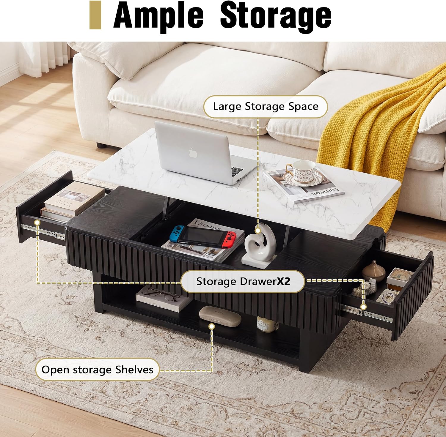 47.4' Lift Top Coffee Table with Drawer & Storage, Modern Fluted Coffee Table with Marble-Pattern Top & Solid Wood Strips, Rising Center Table for Living Room Apartment,Rectangle, Black & White