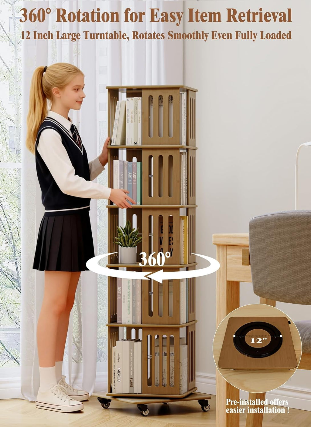 Baoz 60' Tall Rotating Bookshelf Tower, 5 Tier Walnut Spinning Bookcase | 360° Square Bamboo Revolving Book Shelf with 4 Wheels, Wood Narrow Book Case for Small Spaces, Floor Standing for Office