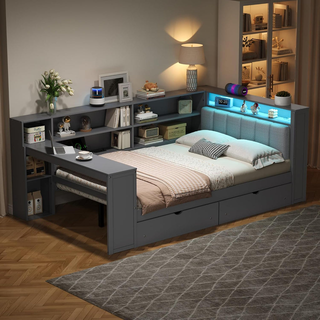 Wood Full Size Daybed with Storage Shelves and Desk, L-Shaped Corner Platform Bed Frame with Upholstered Headboard and 2 Drawers for Office Living Room Bedroom, Space-saving (Grey-7.16, Full)