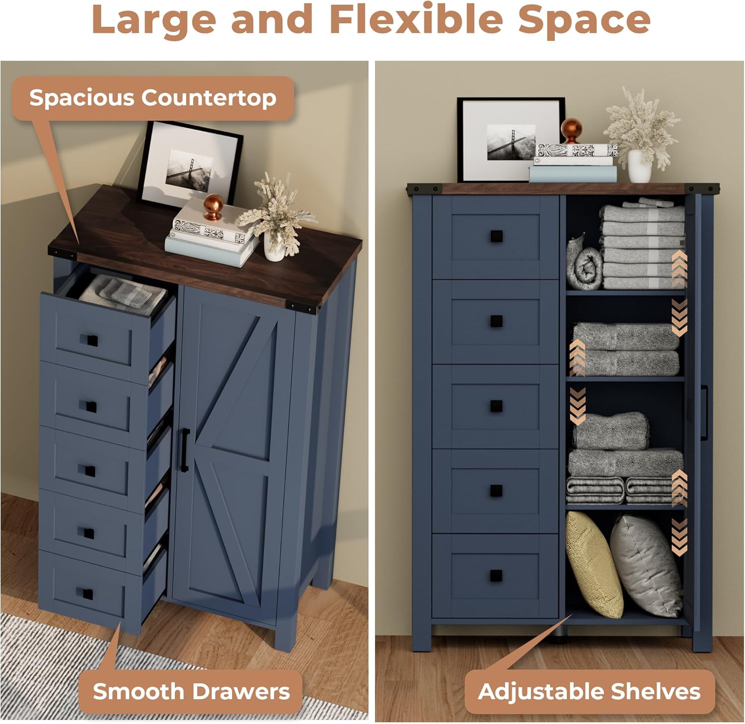 VVFLU Farmhouse Tall Dresser Chest of Drawer for Bedroom, 5 Drawer Storage Cabinet with Barn Door, 48 Inch Tall Wood Dresser, Adjustable Shelves, Rustic, for Living Room, Entryway, Hallway