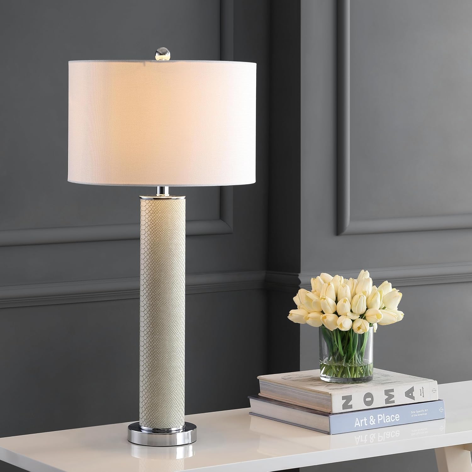 SAFAVIEH Lighting Collection – Set of 2 Ollie Modern Contemporary Cream Faux Snakeskin 32-Inch Table Lamps, LED Bulbs Included, Bedroom Living Room Home Office (LIT4404G-SET2)