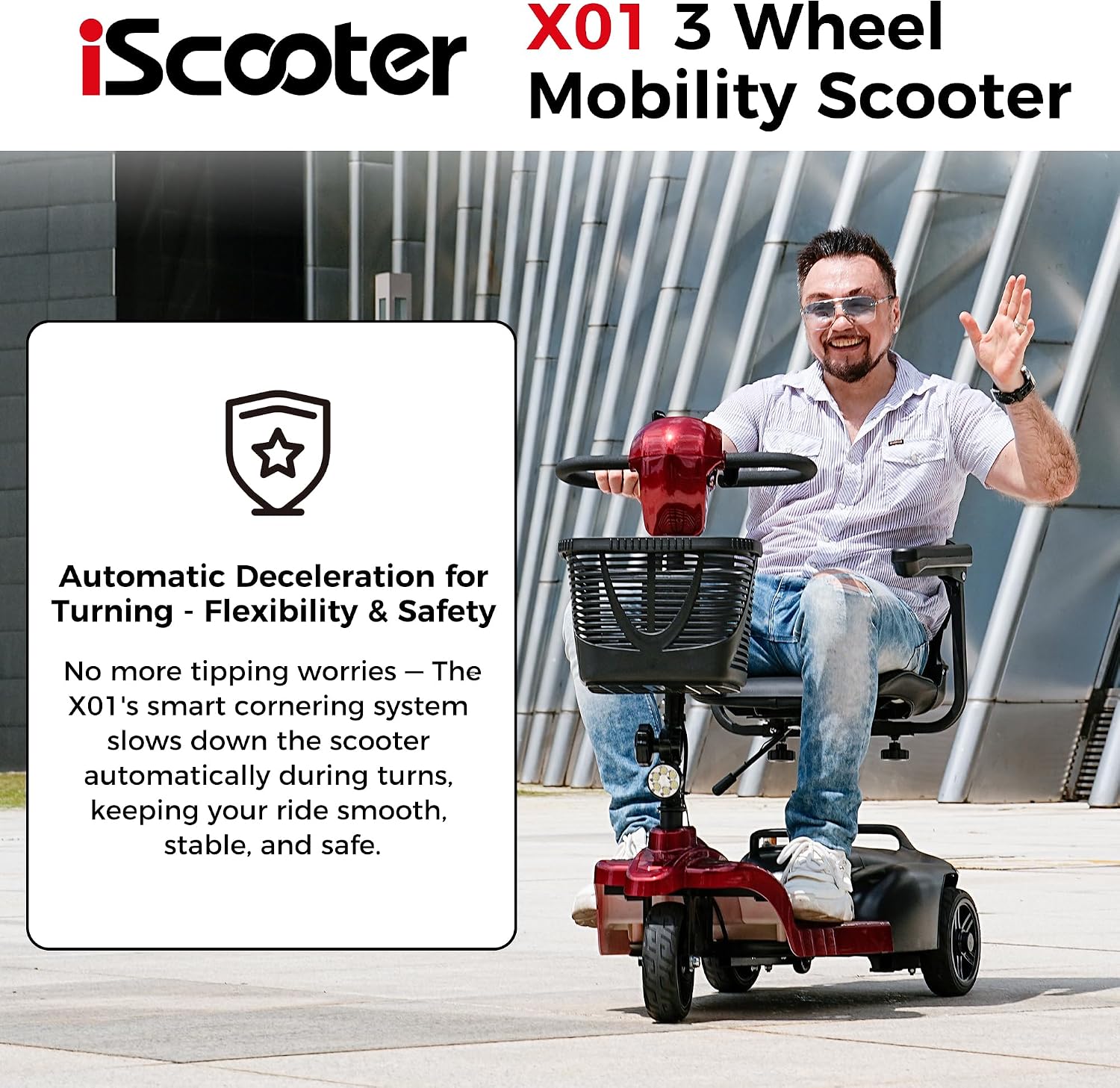 iScooter Mobility Scooter, Mobility Scooters for Adults & Seniors, Powered Electric Wheelchair Device with Seat, Detachable Basket, Cup Holder, LED Headlight, 264 lbs Capacity, Lightweight(3-Wheel)