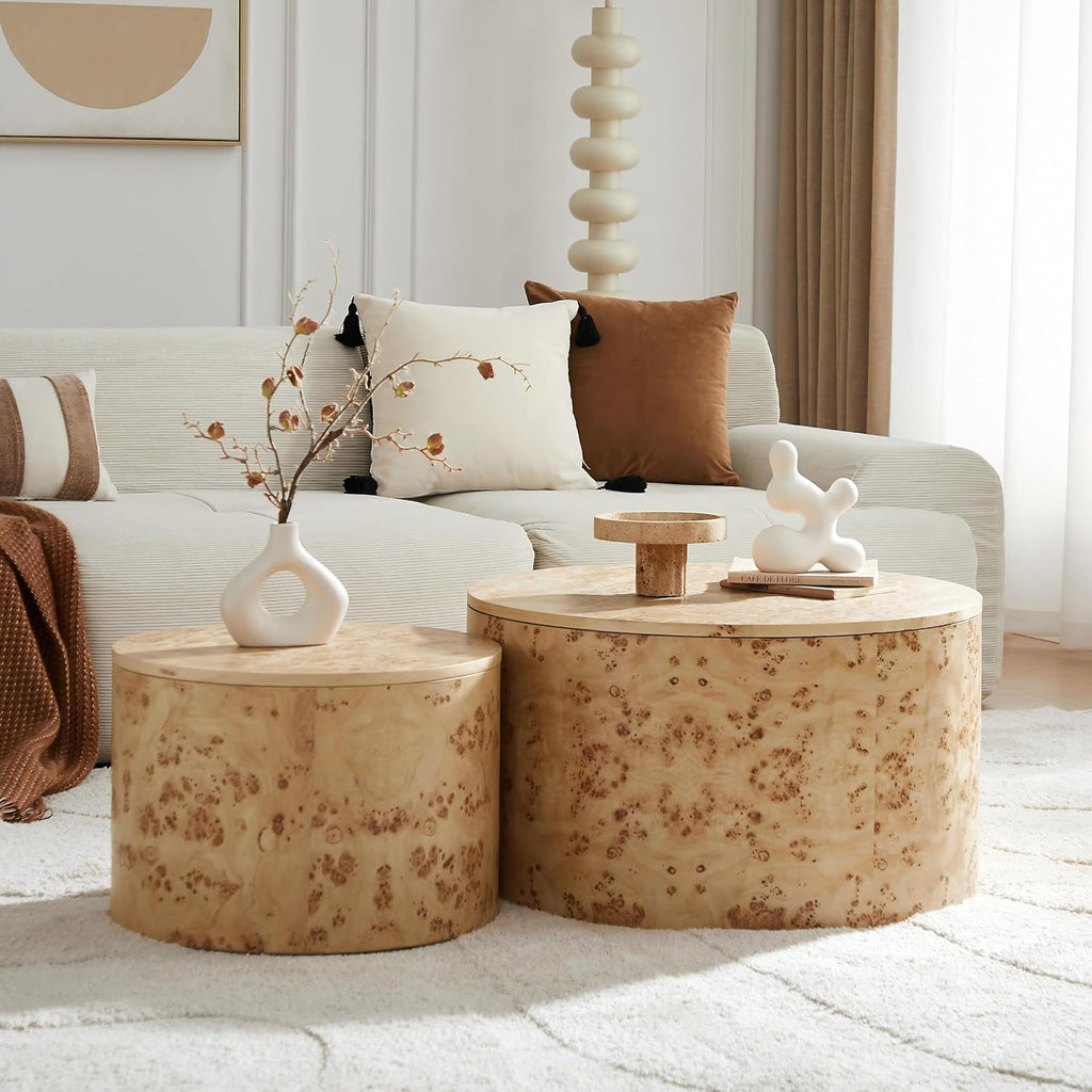 Nesting Coffee Table Set of 2 with Storage,Modern Round Burl Wood Veneer Circle Accent Side Tables for Living Room,Small Space,Bedroom,Balcony,Office,Brown(27.56'+19.69')
