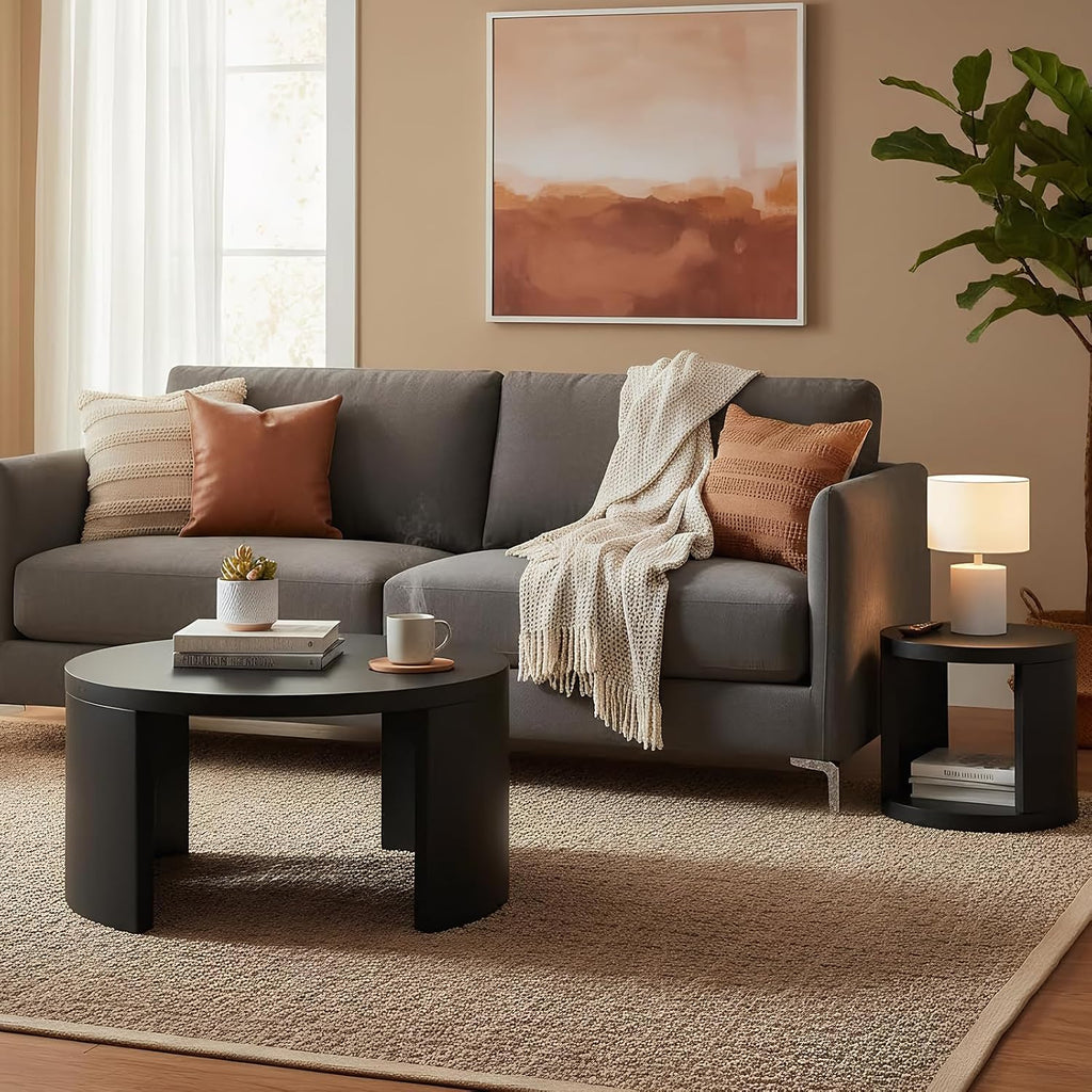Round Coffee Table Set of 2, Nesting Coffee Tables with Storage, Living Room Table Set, Modern Wood Center Table for Living Room, Apartment, 31.5' & 18' Accent Table Set, Black