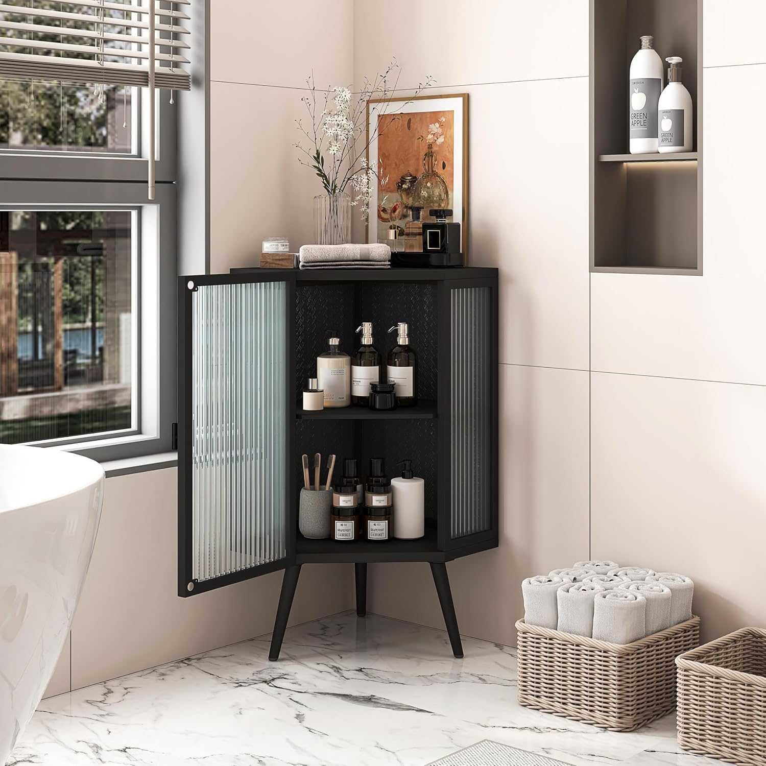 Vinsetto 22.25' Corner Floor Cabinet with Tempered Glass Door, Storage Shelves for Bathroom, Living Room, Bedroom, Black