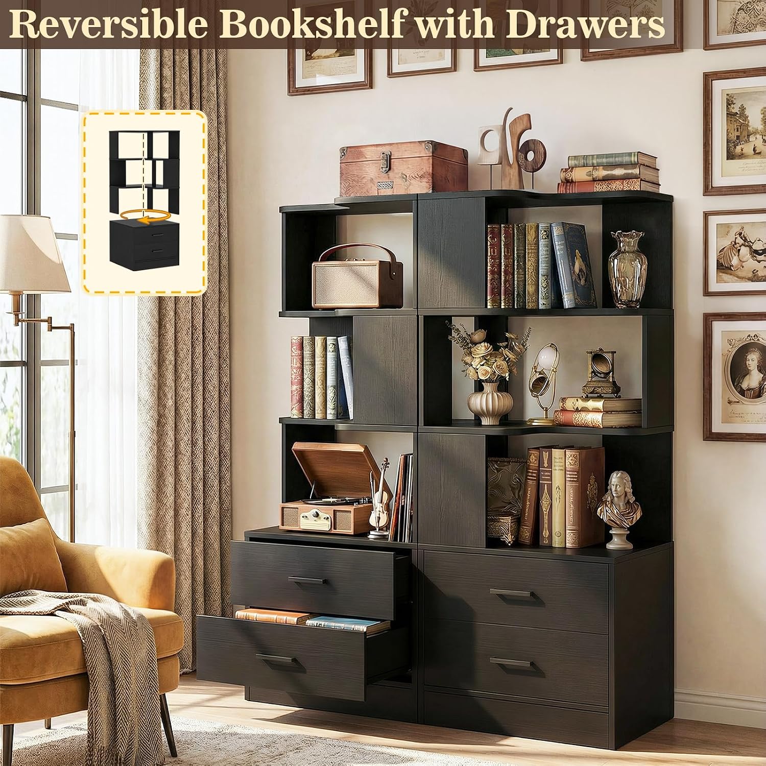 Armocity Corner Bookshelf with Drawers, 6 Tier Corner Book Shelf Display Bookcase, Freestanding L Shaped Bookshelf for Bedroom, Living Room, Home Office, Black
