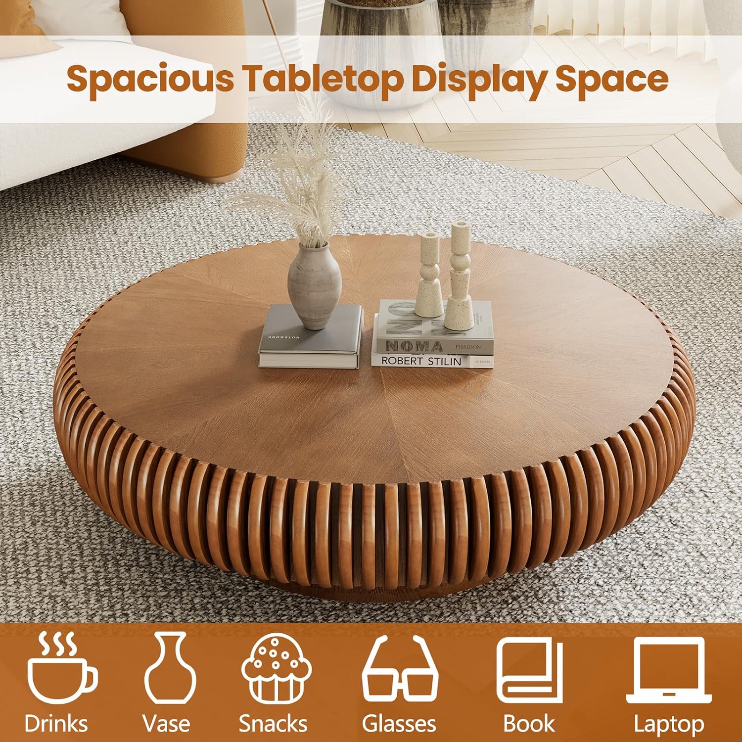 Round Drum Coffee Table with Sturdy Pedestal, Modern Wooden Fluted Coffee Table, Circle Center Table Accent Tea Table for Living Room Apartment Office Reception Room (Brown D39.4)