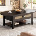 LVB Rattan Coffee Table, Boho Wood Living Room Table with Storage, Oval Modern 2-Tier Cocktail Tea Table with Doors & Open Shelf, Farmhouse Vintage Center Tables for Bedroom Office, Black Oak, 47In