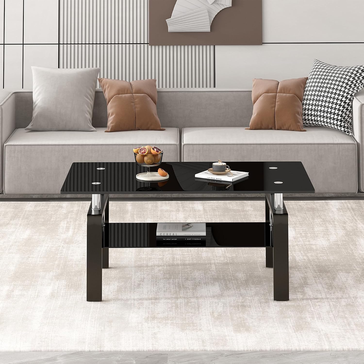 Modern Glass Coffee Table, 2-Tier Black Tempered Glass Tea Tables for Living Room, Rectangle 39.4' x 23.7' x 17.72' Stylish Center Coffee Table with Storage (Black One)