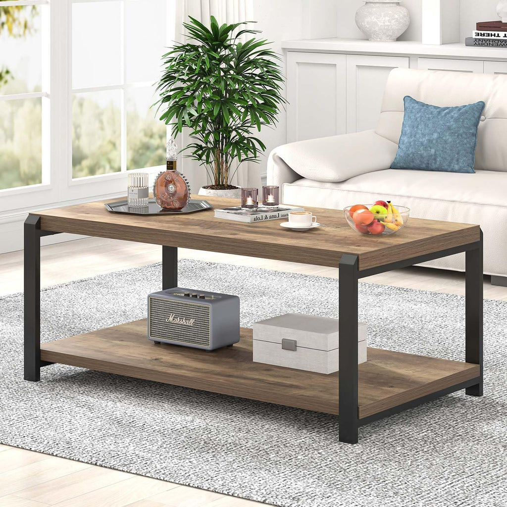 EXCEFUR Modern Coffee Table, Rustic Wood and Metal Center Table for Living Room, Industrial Rectangle Cocktail Tea Table with Storage, Oak