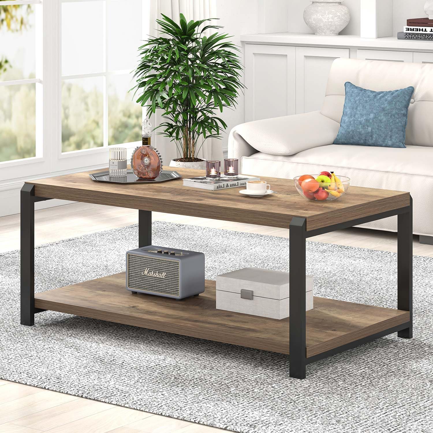 EXCEFUR Modern Coffee Table, Rustic Wood and Metal Center Table for Living Room, Industrial Rectangle Cocktail Tea Table with Storage, Oak