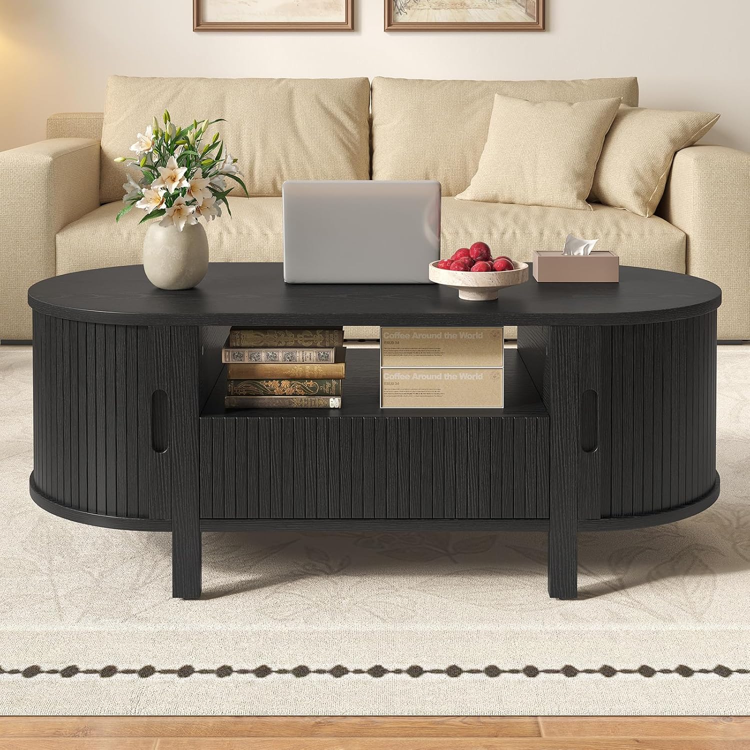 47.2' Fluted Coffee Table, Oval Coffee Table with 1 Drawer and 1 Open Shelf, Mid-Century Modern Center Tables with Storage and Sliding Doors, Coffee Tables for Living Room, Black