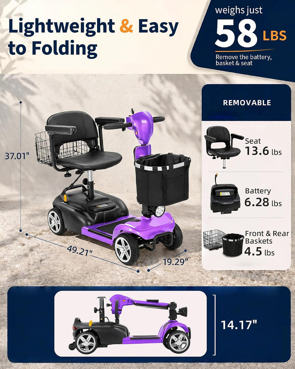 Ecomobi 20-45 Miles Mobility Scooter for Seniors & Adults, 4 Wheel Motorized Mobility Scooter for Travel, Removable Lithium Battery, 350W Motor, Dual Baskets, 300 lb Capacity, GPS Tracker,Purple,18ah