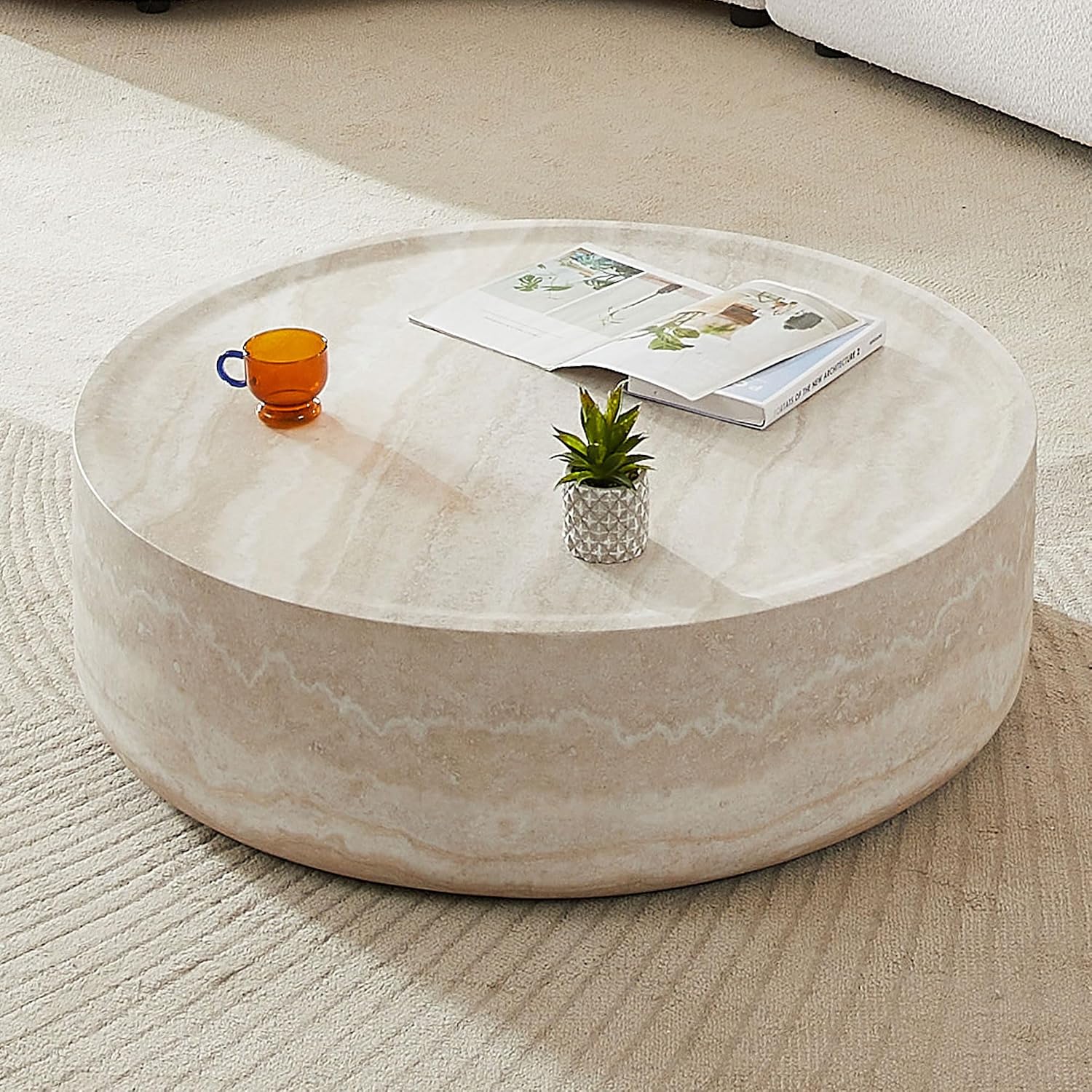 35.43' Marble Travertine Round Drum Coffee Table for Living Room, Modern Circle Center Side Table End Table for Living Room, Apartment, Office, No Need Assembly, Marble Stone Shape