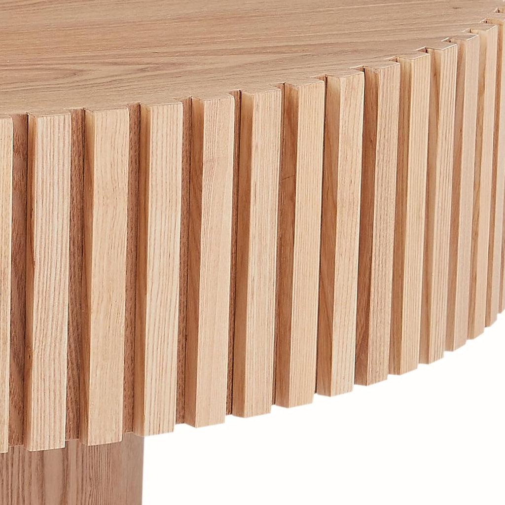 31.49'' Small Round Coffee Table Wood, Contemporary Circle Center Coffee Tables with Sturdy Pedestal, Modern Fluted Drum Accent Tea Table for Living Room, Small Space, Apartment, Farmhouse, Ash