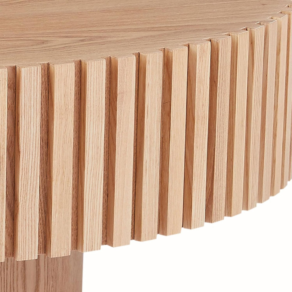 Deolme 39.37'' Round Ash Coffee Table, Mid Century Circle Center Coffee Tables with Sturdy Pedestal, Fluted Drum Accent Side Table for Living Room, Apartment, Farmhouse, Easy Assembly
