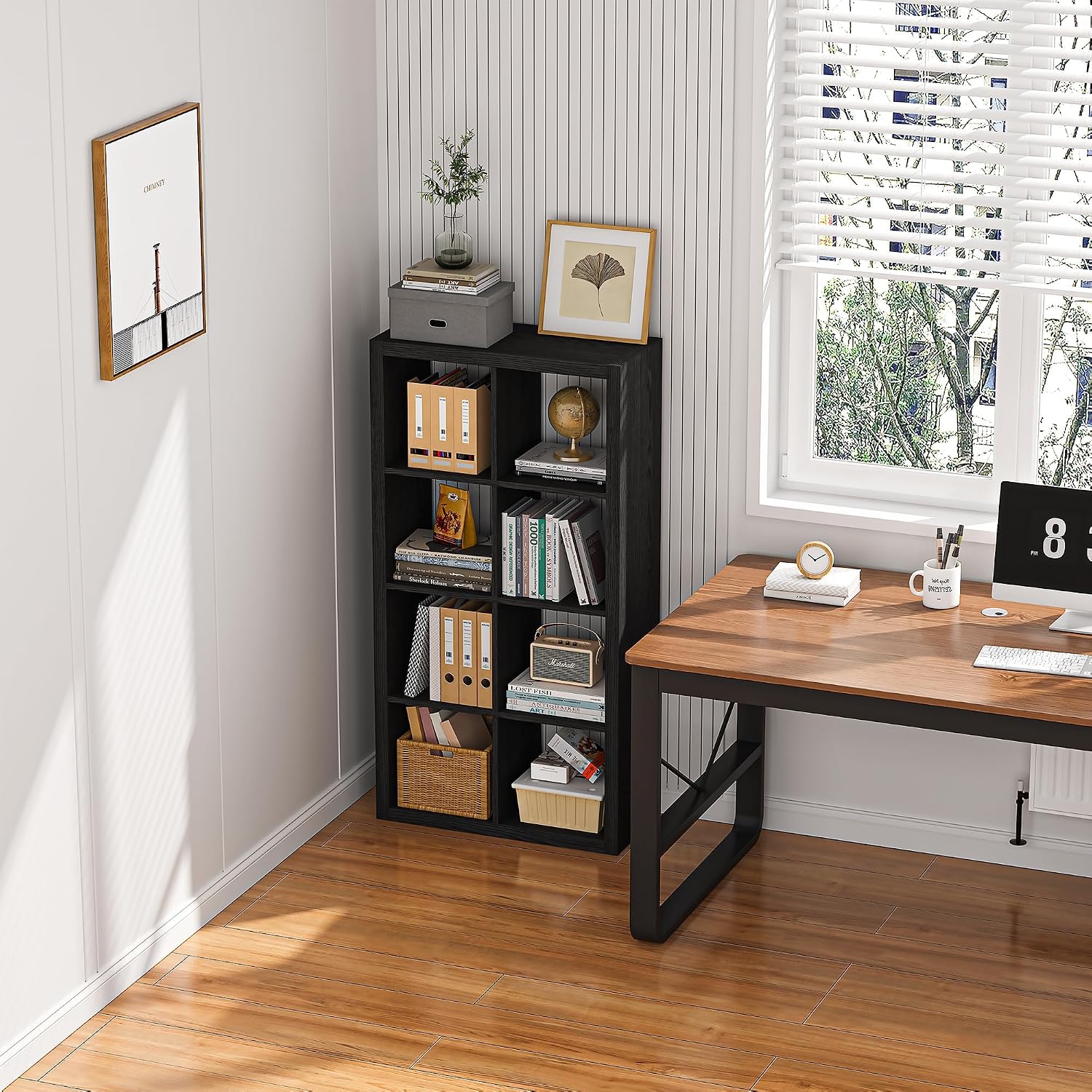 furtble Bookshelf with Storage Bins, 8-Cube Storage Organizer, Modern Black Bookshelf for Bedroom, Multifunctional Display Cube Bookshelves for Living Room, Bedroom, Home Office