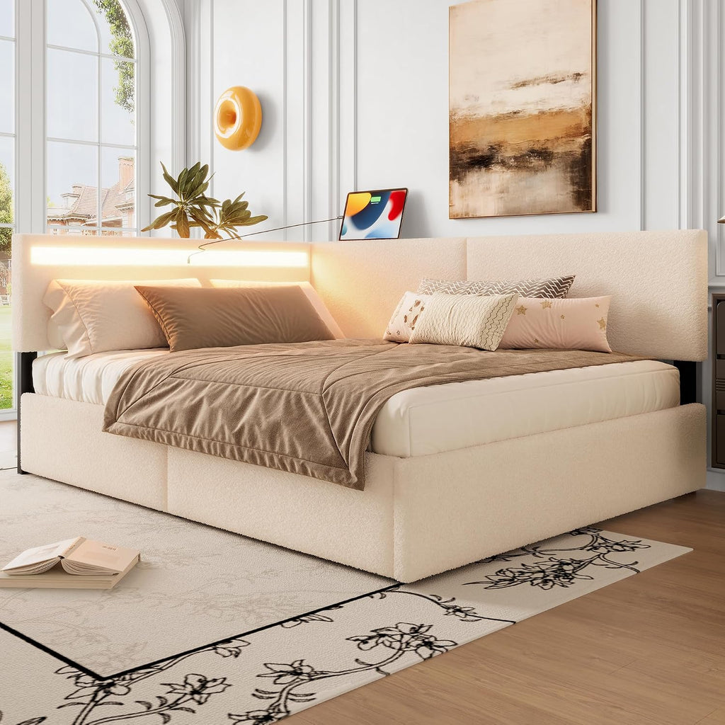 Twin Size Boucle Corner Day Bed Frame with Upholstered Headboard, L-Shaped Daybed with USB Ports, Storage Drawers and Tufted Back, No Box Spring Needed, for Bedroom, Livingroom, Beige