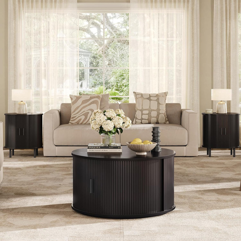 ONBRILL Round Coffee Table with Storage, 31.5' Mid Century Modern Center Table with Sliding Door & Dual Hidden Storage, Fluted Accent Coffee Table for Living Room, Small Space, Black