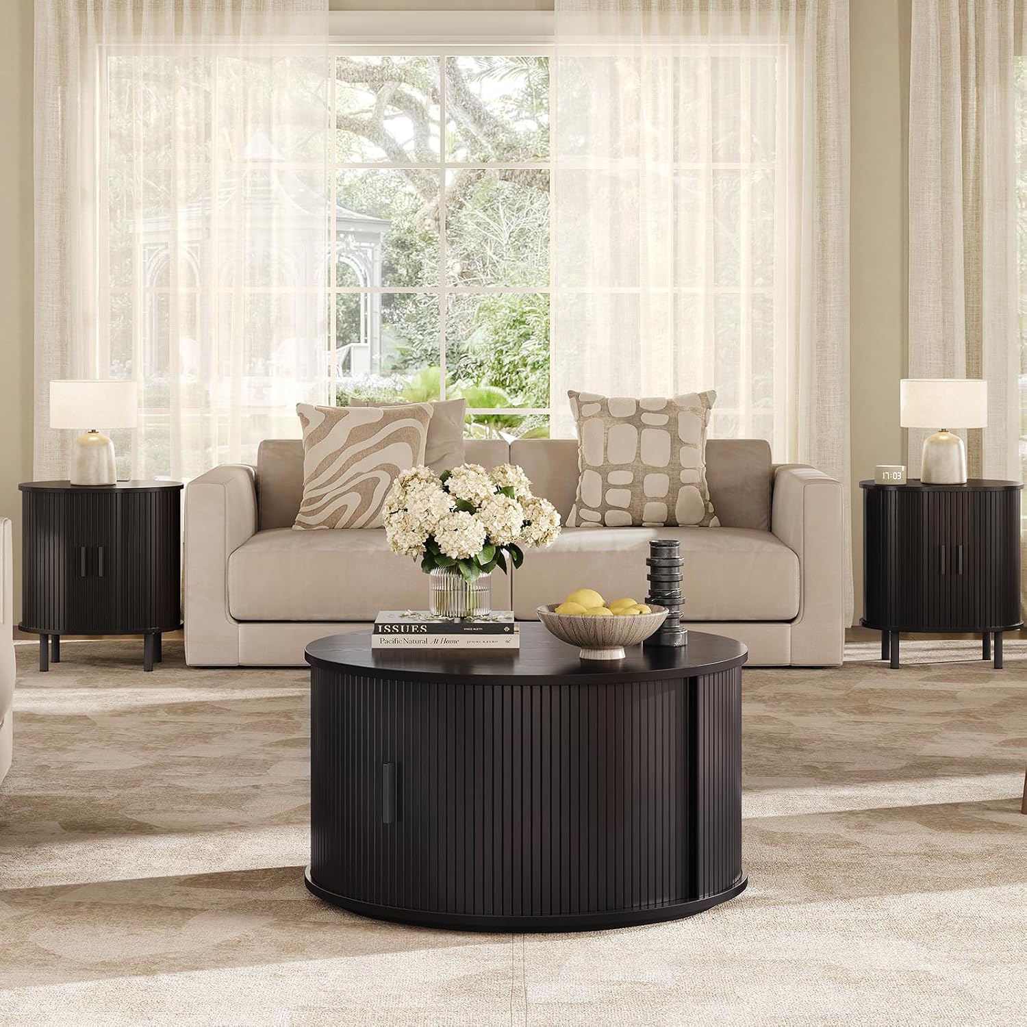 ONBRILL Round Coffee Table with Storage, 31.5' Mid Century Modern Center Table with Sliding Door & Dual Hidden Storage, Fluted Accent Coffee Table for Living Room, Small Space, Black