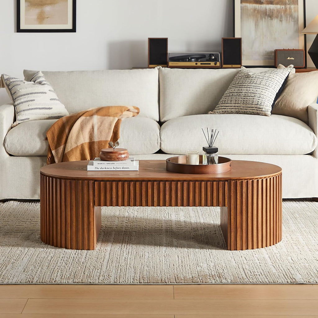 JUSTONE 51.18'' Brown Oval Wood Coffee Table with Drawer, Farmhouse Wood Coffee Table for Living Room,Apartment(Brown)