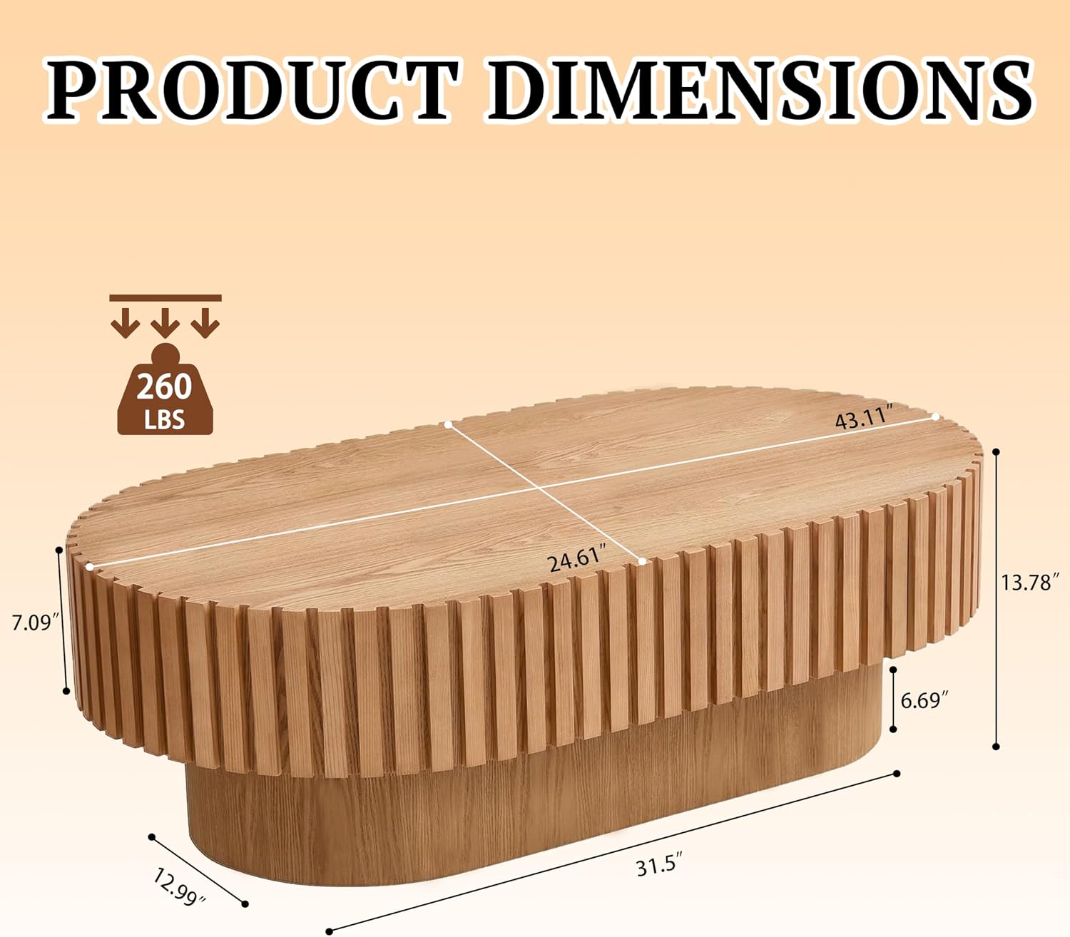 Oval Coffee Table for Living Room Fluted Coffee Table with Pedestal Modern Handcrafted Wood Center Table Tea Table Home Furniture Office Apartment Easy Assembly 43.7' Natural Wood