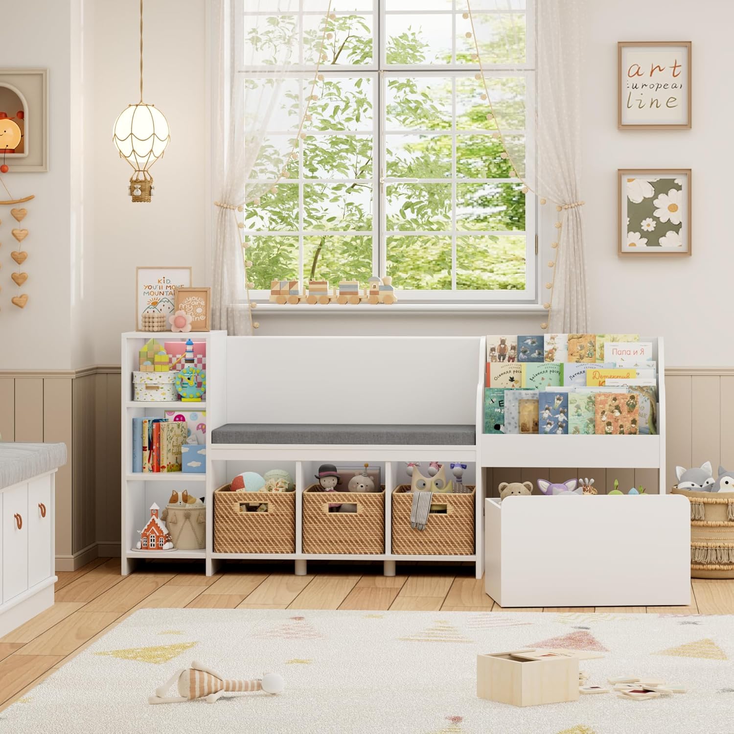 HOSTACK 67' W Kids Reading Nook with Toy Storage Organizer, Large Kids Bookshelf with Toy Storage Box on Wheels, Big Kid Bookcase with Bench and 6 Open Cubbies for Playroom, Kid Room, White