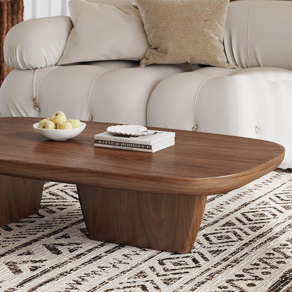 Mid Century Modern Wood Coffee Table with Rounded Edges and Unique Dual Leg Design, Easy Assembly Brown Living Room Center Table, 51.2' Rectangular Tea Table