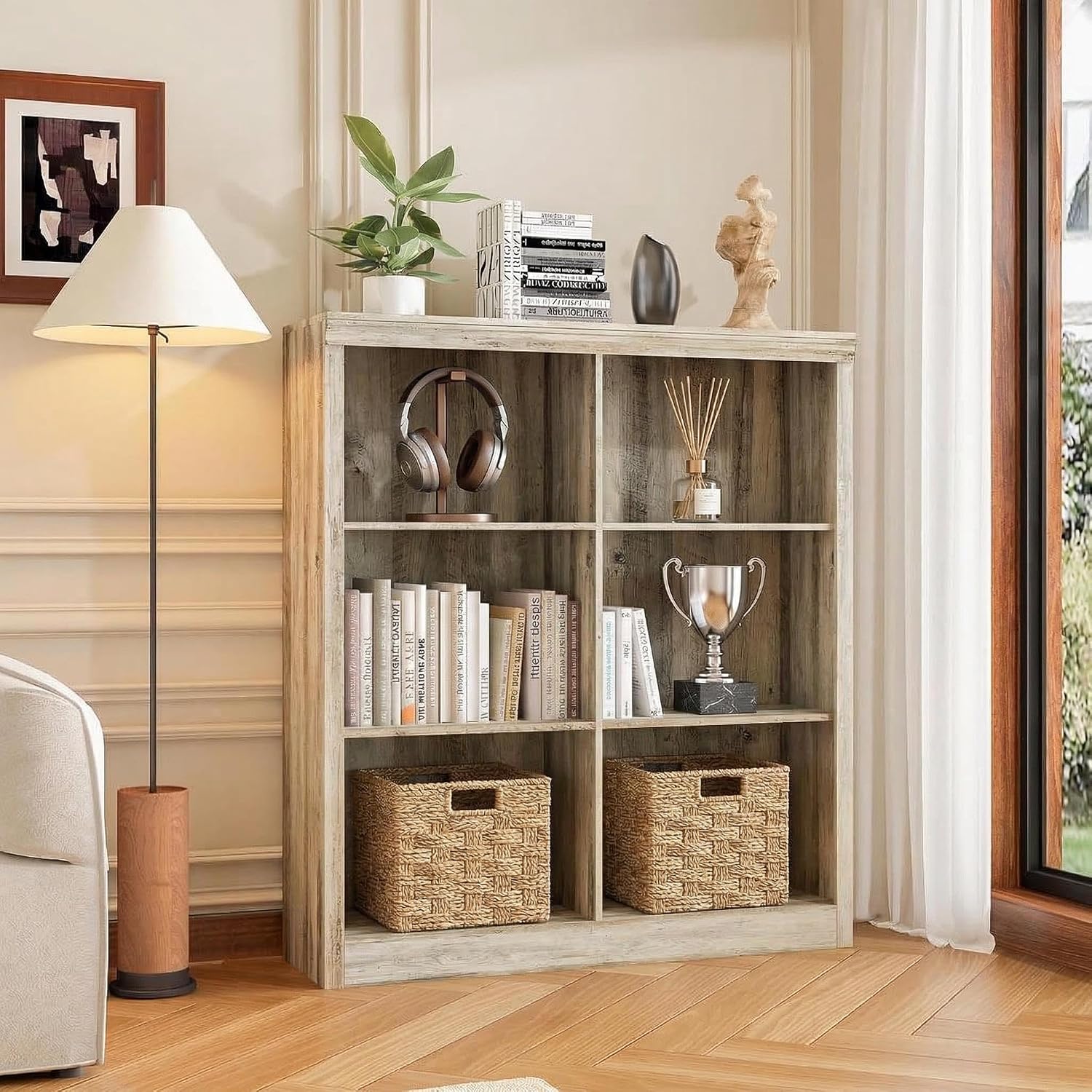 GarveeHome 6 Cube Storage Organizer, 53 Inch Tall Bookcase with Anti-Tip Design, Sturdy Wooden Bookshelf for Living Room, Bedroom, Home Office, Ivory White Cube Shelf