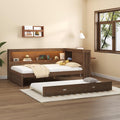 Full Size Daybed with Trundle and Storage Shelves,Antique Wood | Convertible Headboard,L-shaped Bookcase,Charging Station,LED Lights,for Kids Boys Girls Teens