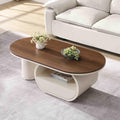 Luxury Oval Coffee Table, 47'' Modern Living Room Table with Storage Drawer, Wooden Wulnut MDF Top Sturdy Metal Base Beige White, Large Center Tables for Home Apartment