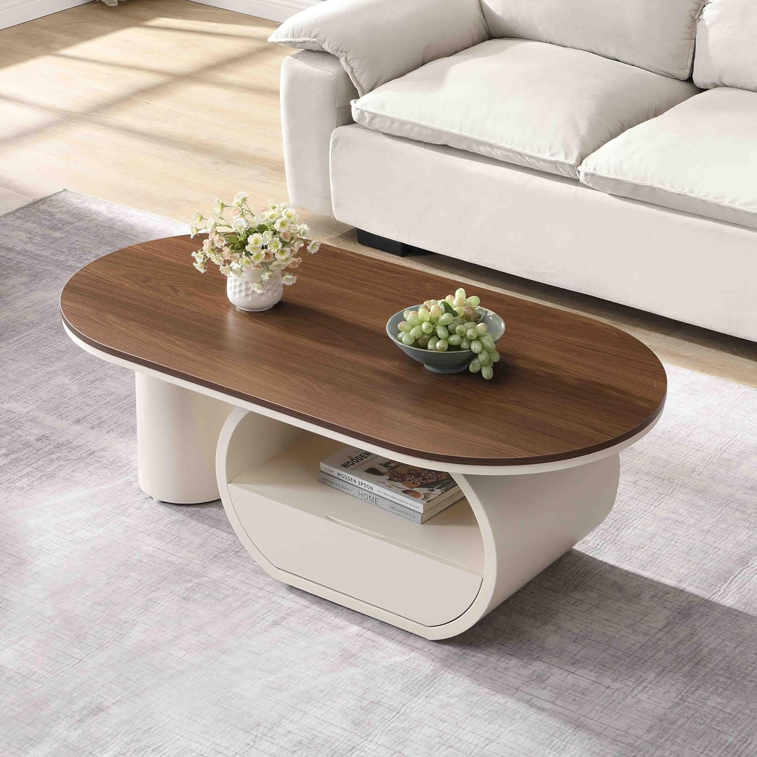 Luxury Oval Coffee Table, 47'' Modern Living Room Table with Storage Drawer, Wooden Wulnut MDF Top Sturdy Metal Base Beige White, Large Center Tables for Home Apartment